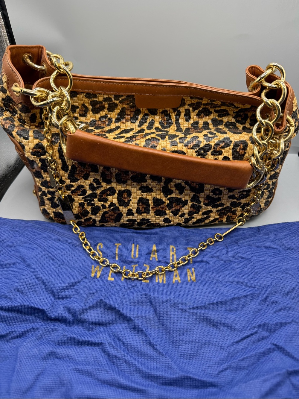 Stuart Weitzman Leopard-Print Shoulder Bag with Gold Chain